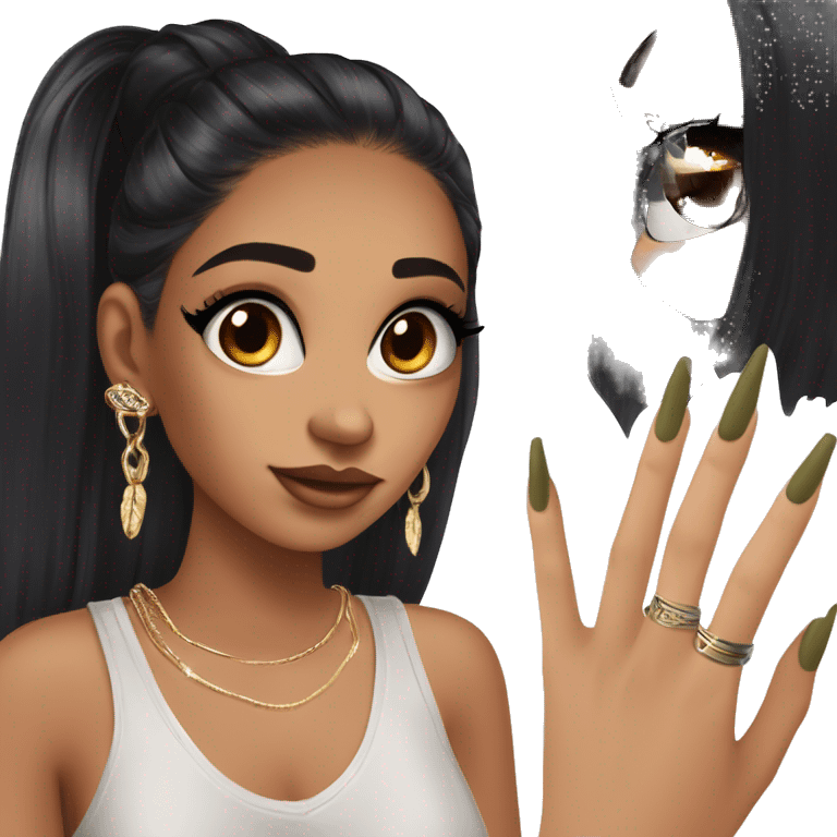 Glamorous, streetwear, black hair, long straight hair, olive skin, brown almond eyes, winged eyeliner with big lashes, wearing hooped earrings, rings and bracelets, almond fake nails emoji