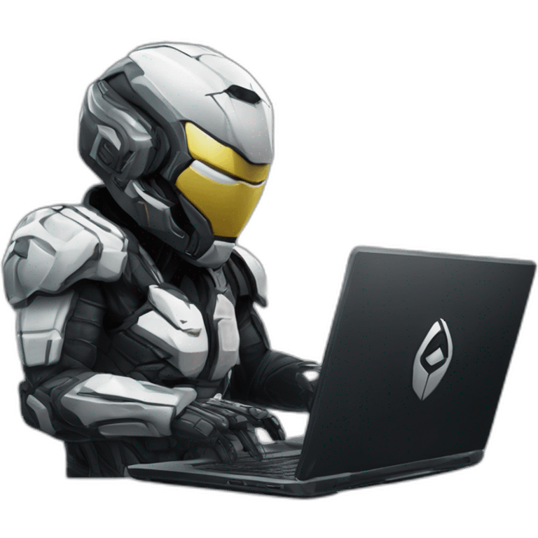 Side view developer behind his laptop with this style : Crytek Crysis Video game with nanosuit hacker themed character emoji