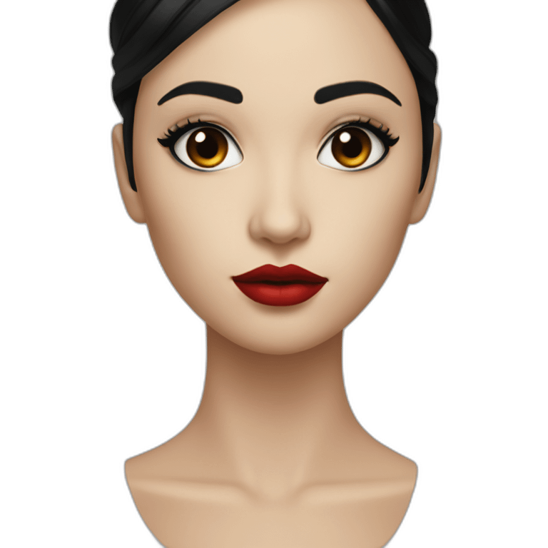 straight black hair,red lipstick,black eyes, white skin and a small nose emoji