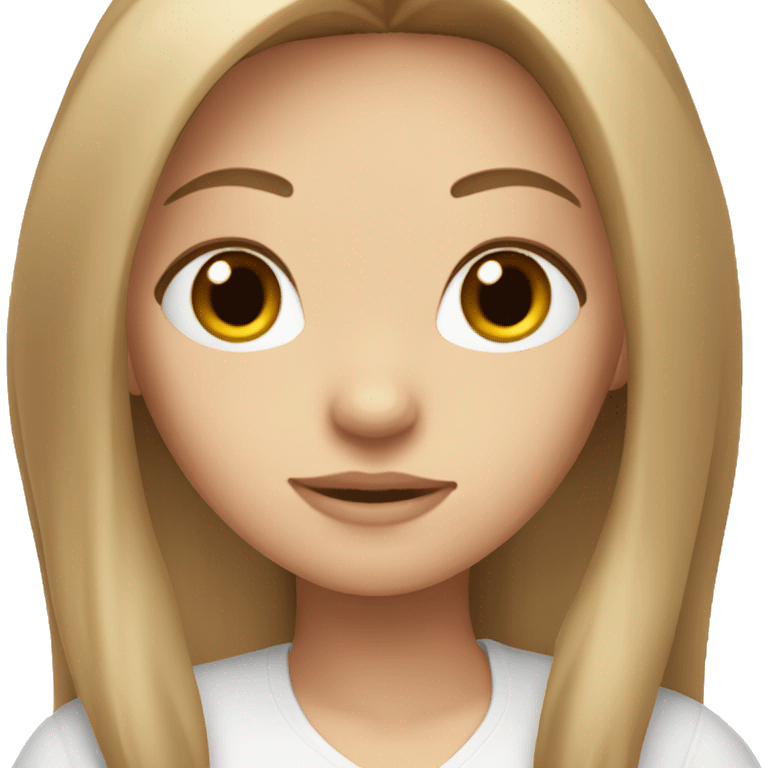 White girl with long light brown straight hair and brown eyes. She's wearing a white blouse.  emoji