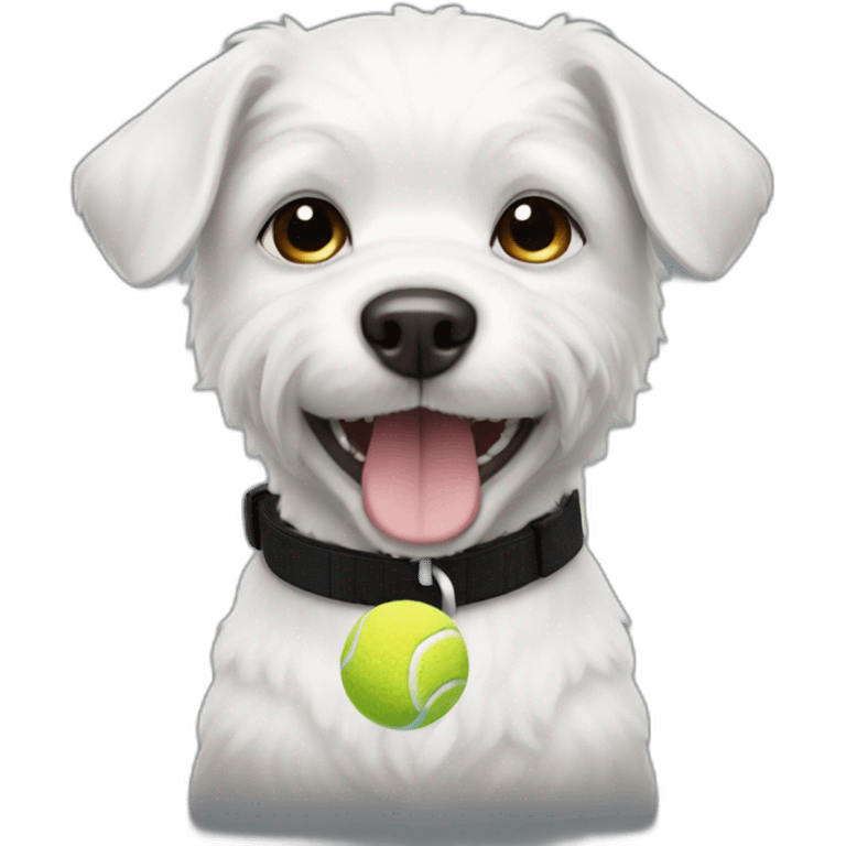 Small white dog with a tennis ball and a black collar  emoji