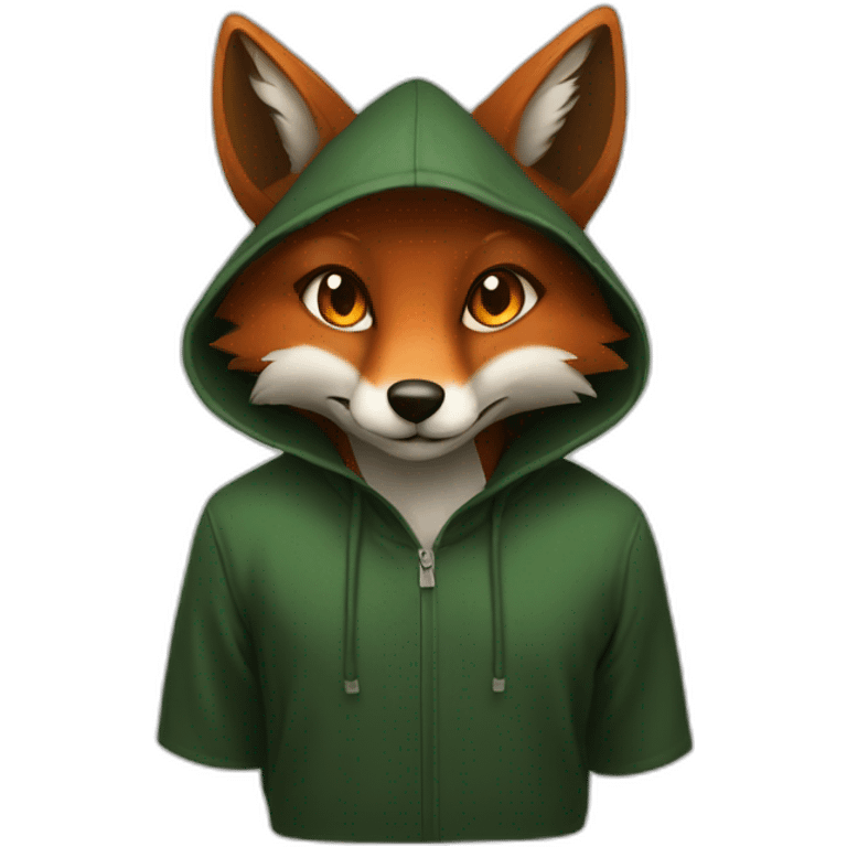 a small dark brown fox with orange eyes with a dark green hood that smile emoji