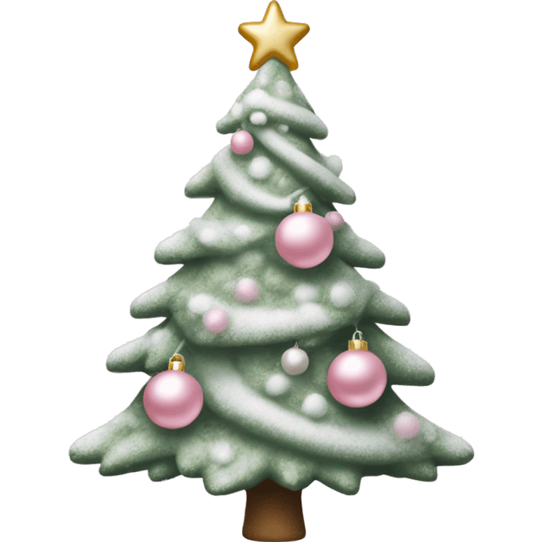 Sage green Christmas tree dusted with snow adorned with light pink ornaments with a light pink bow for a tree topper  emoji