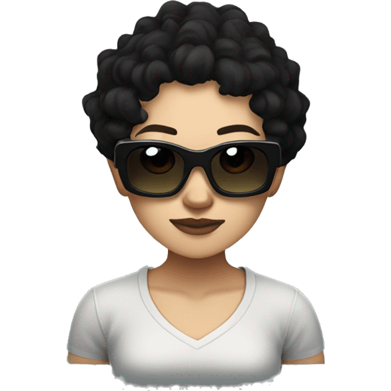 an asian woman with curly dark hair with creeper minecraft sunglasses and nose piercing in black t-shirt emoji