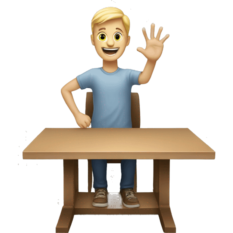 white person sitting on a table and rising hand showing hi emoji