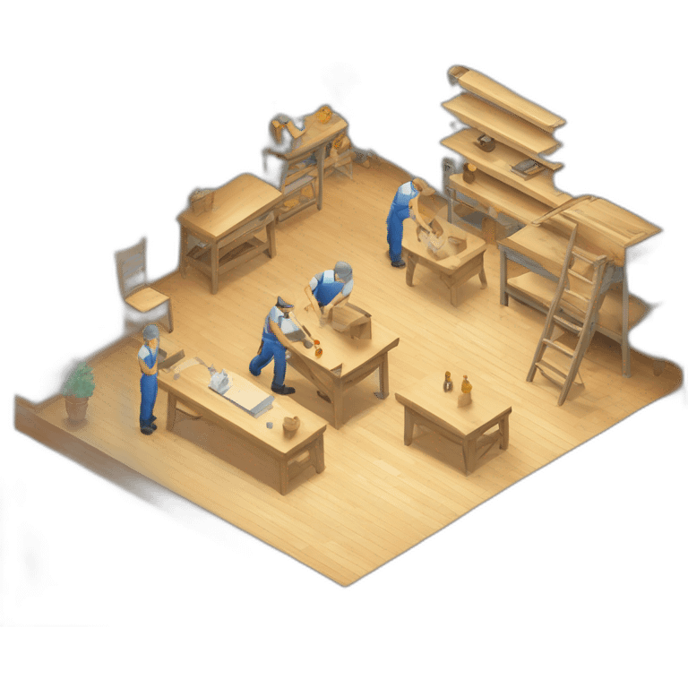 isometric square transparent solid outline border containing indoor woodshop people actively working grey floor emoji