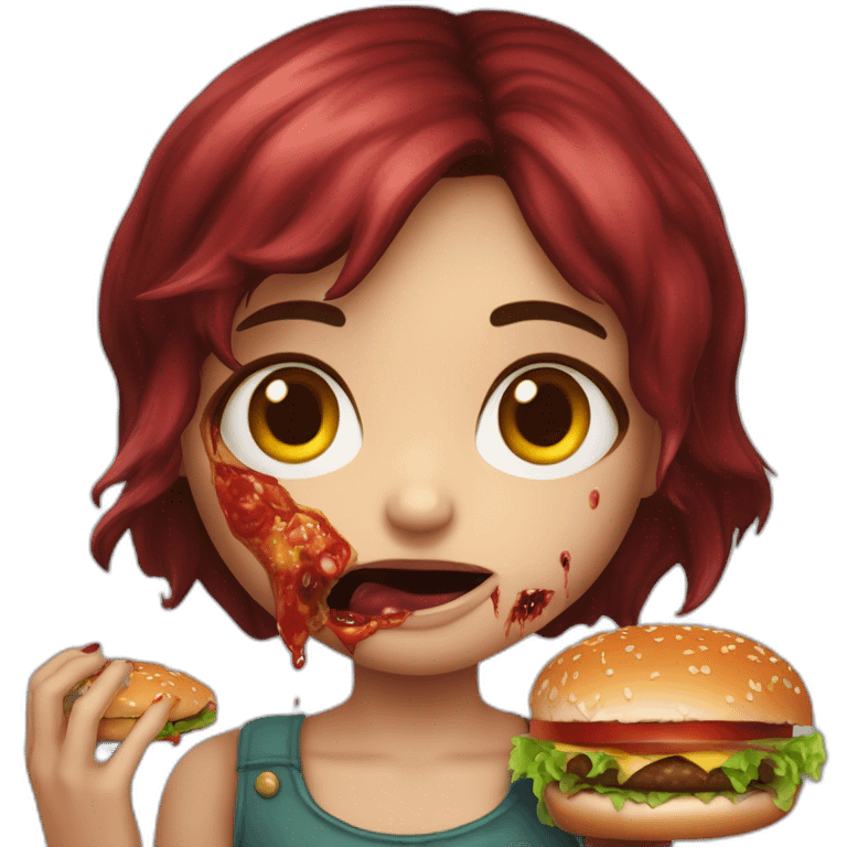 Niña zombie, cabello largo, ojos marrones, cabello color pelirojo, con una hamburguesa en la mano emoji