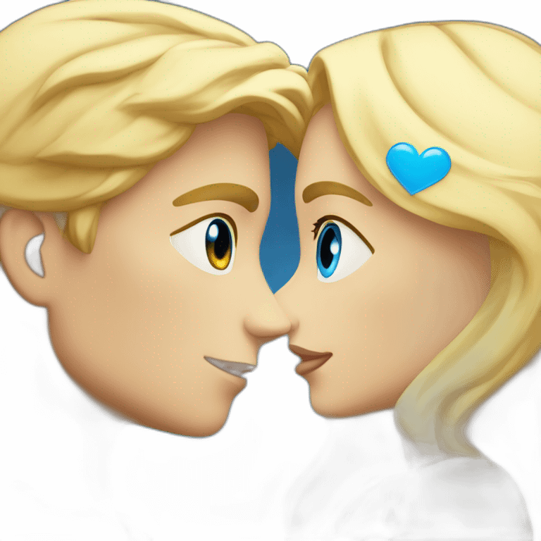 A blond boy with blue eyes who kisses a pretty blonde girl with blues eyes,  with a heart above their heads  emoji