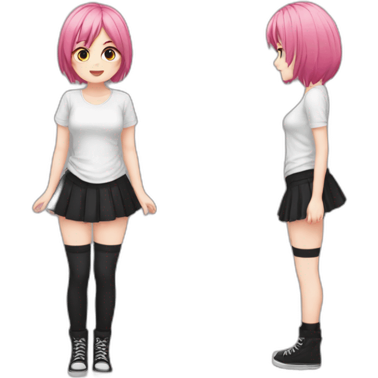 Full body Front view curvy emo girl pink hair sits on the floor straight view hands up black skirt белые трусики emoji