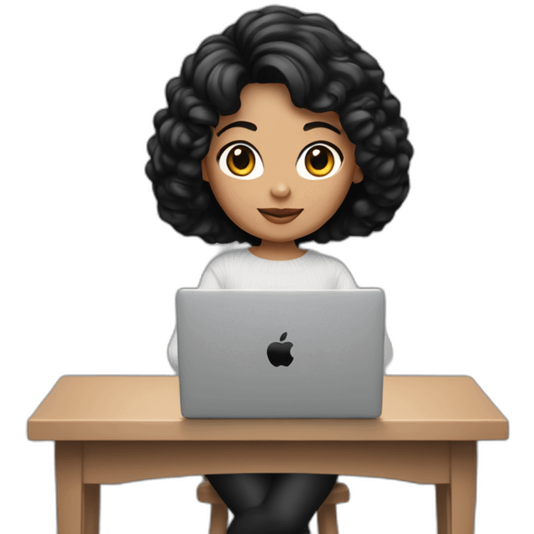 memoji of a female with a modern apple laptop in front, black hair, white skin, black sweater, computer in hand --ar1:1 emoji