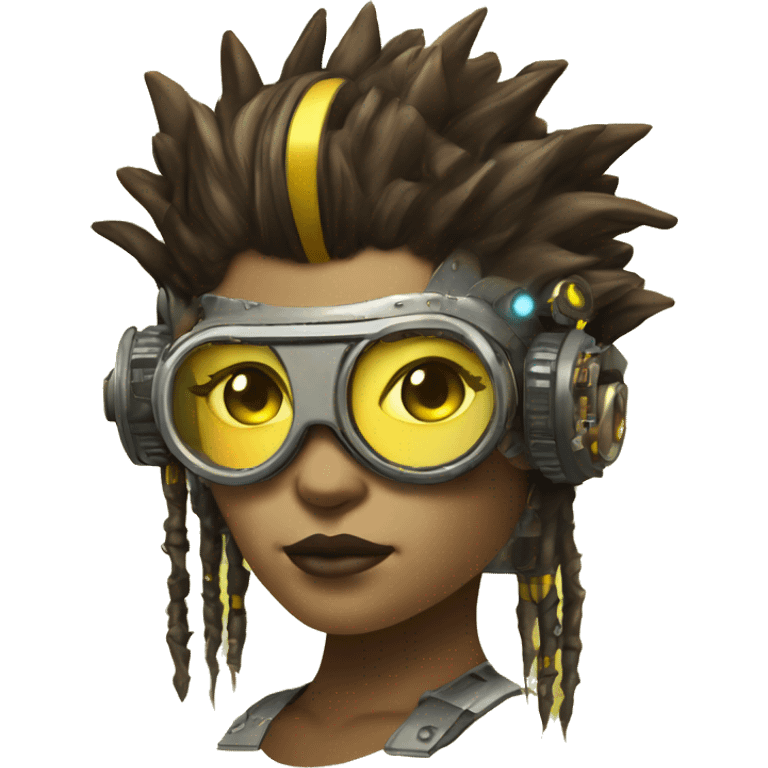 Brown with yellow streaks Mohawk hair female cyborg head, fair skin, steampunk goggles and circuits emoji