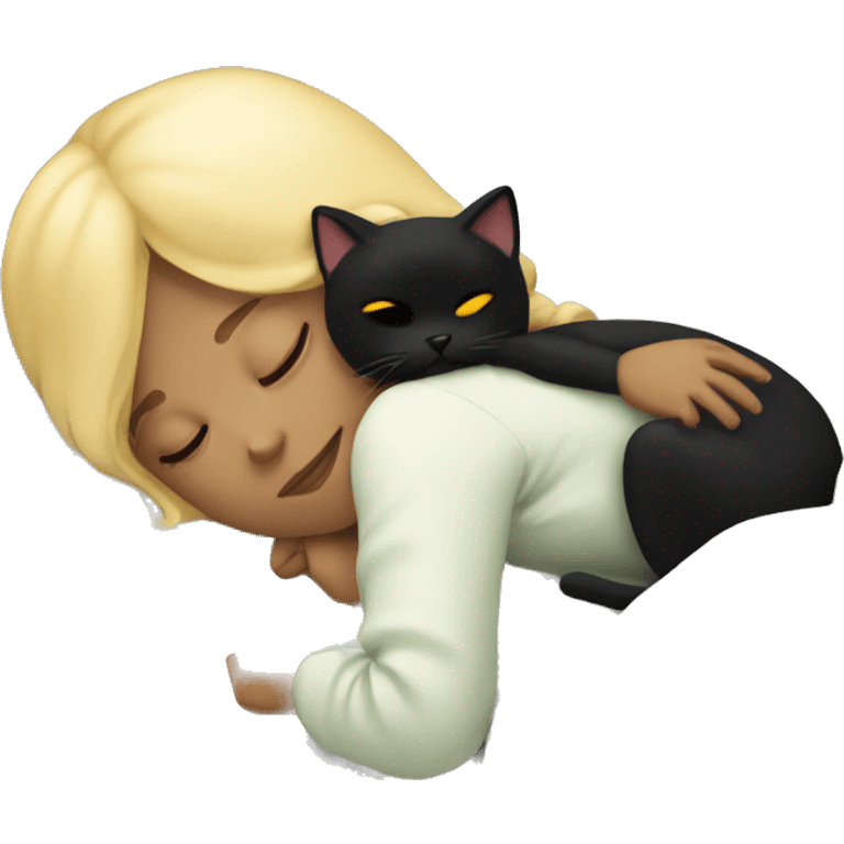 Blonde girl sleeping in bed with black cat emoji