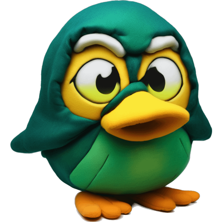 nuclear glow in the dark plushie bird in Uncle Scrooge style, oil paint, mysterious eyes, intricate lips, masterpiece pose, odd perspective, beautiful, desirable, logical emoji