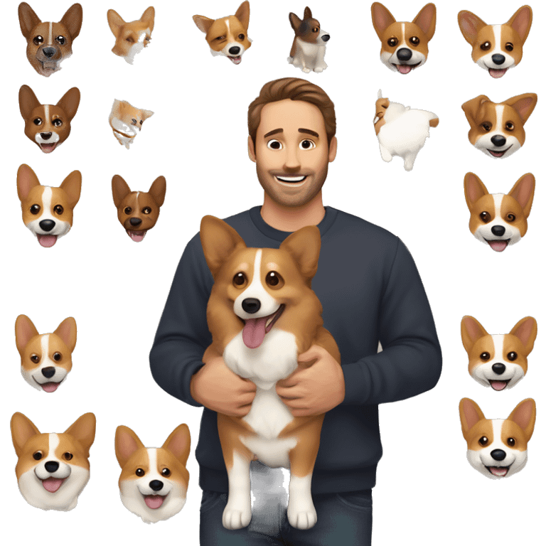 Hazel eyed brown haired men with stubble who has corgi next to him happily emoji