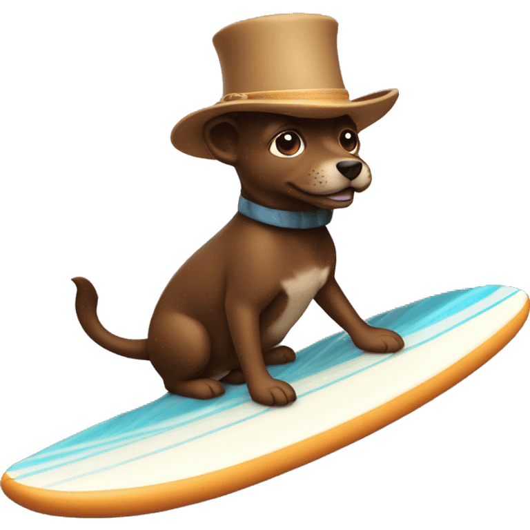 Brown chihahau riding surfboard with tophat emoji