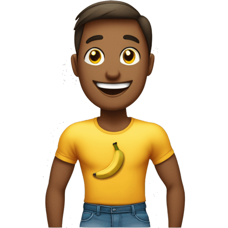 L'emoji montre un jeune homme portant un T-shirt avec une banane souriante dessus et fermant les yeux avec des joues rouges, suggérant un léger sentiment de défi ou d'espièglerie. emoji