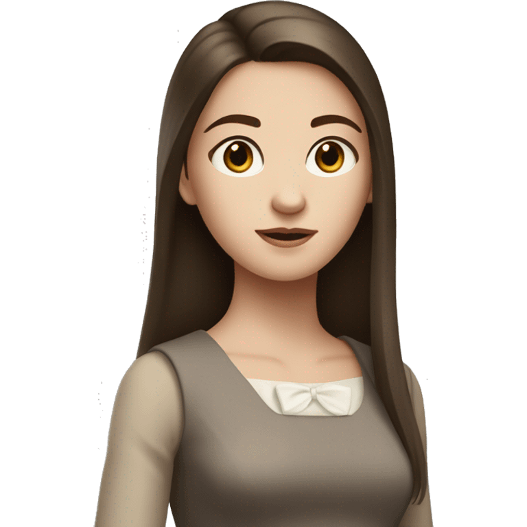 Beautiful teenage girl with white skin and long straight brown hair and brown eyes in a classic dress. emoji