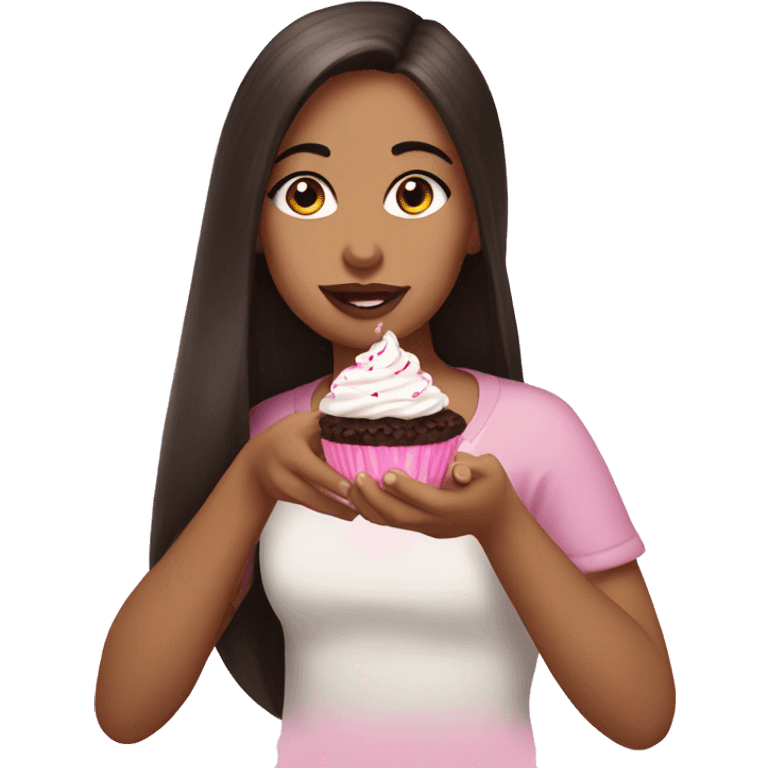 girl with pretty eyelashes and long dark brown hair and brown eyes and pink lips eating a cupcake  emoji