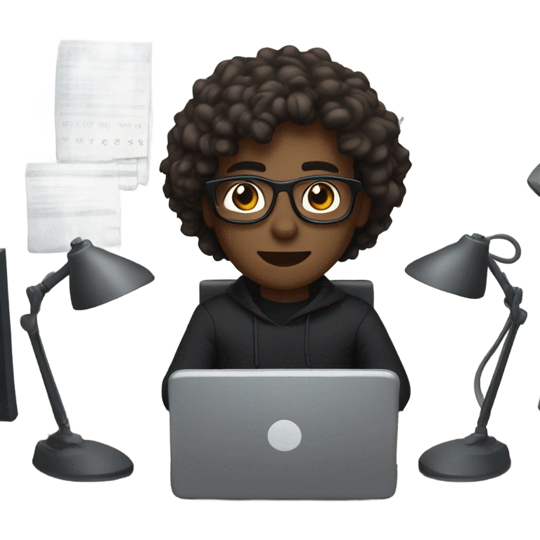 a character with dark glasses, medium dark skin, wavy hair, brown eyes, sitting at a computer, wearing black clothes. emoji