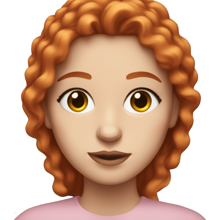 Woman with a white skin that has wavy Long hot red hair and brown eyes with an eyeliner and lashes coding on a pink macbook emoji