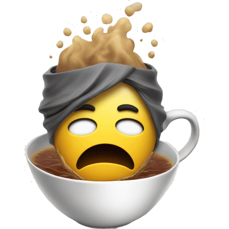 A stressed emoji siting in a cup of tea with lot of stress very tired create a mess on head top to represent atress emoji