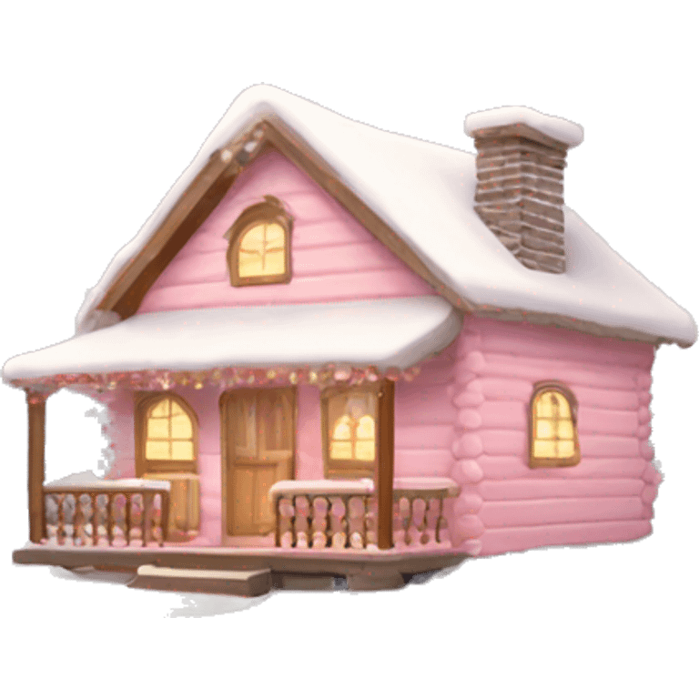 light pink winter cabin with snow and christmas decor emoji