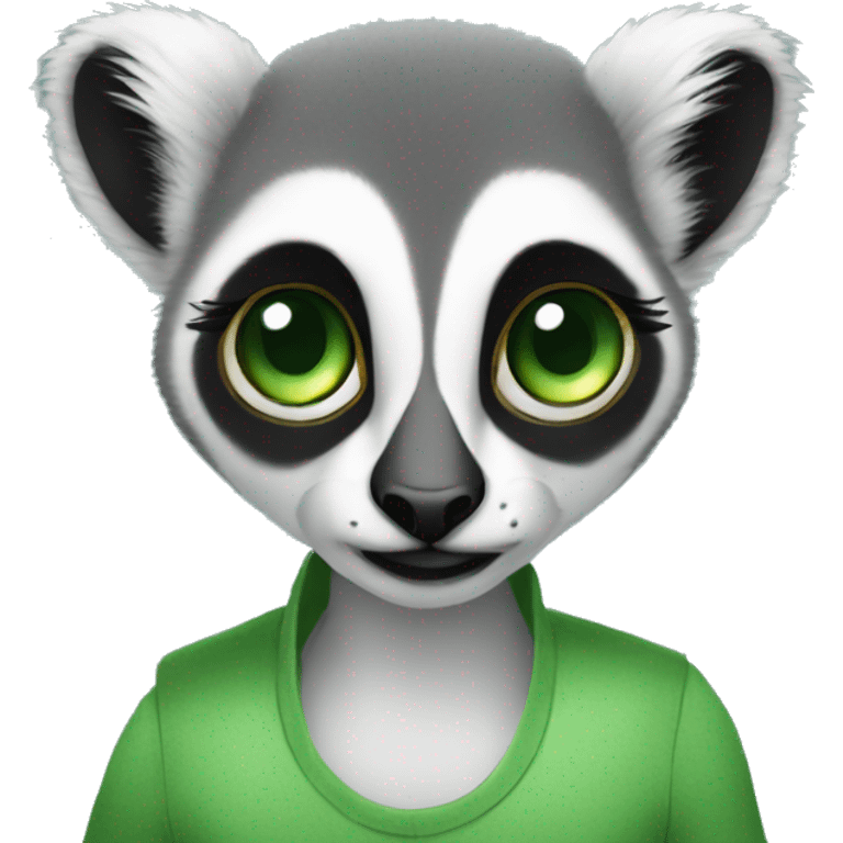 female lemur with giant green eyes with long eyelashes who is a social media manager maybe uses a PC or is on the phone emoji