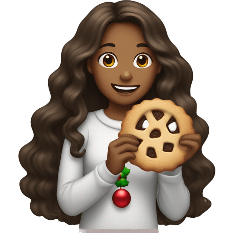 Tan girl with dark brown long wavy hair eating a Christmas cookie emoji