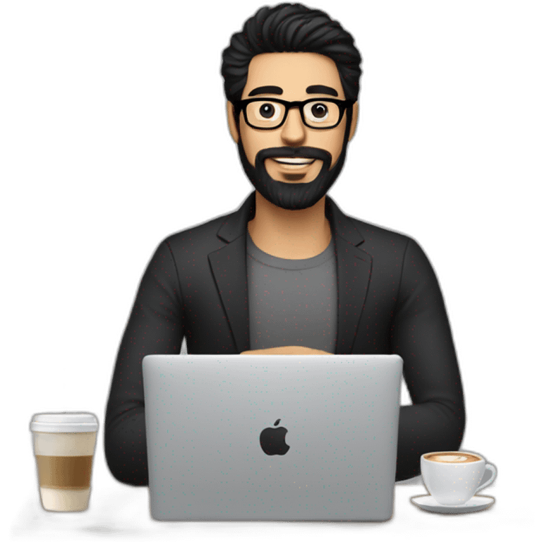 Designer with black hair, beard and glasses working with MacBook and drinking cappuccino  emoji