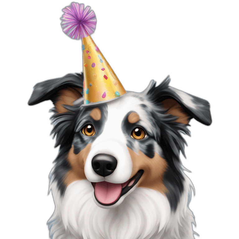 Blue merle border collie with happy birthday hat emoji