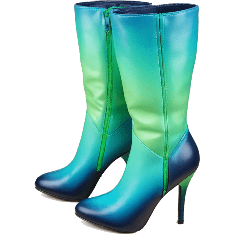 Realistic isolated top view of a pair of light teal,grass green,navy blue and sky blue ombre zippered mid rise calf stiletto boots. emoji