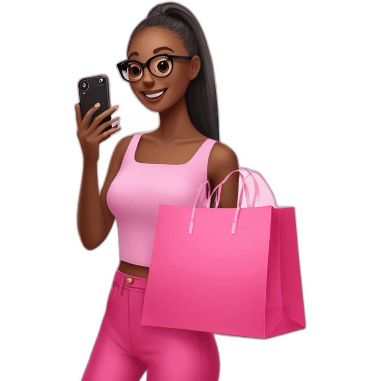 influencer taking selfie with a pink shopping bag emoji