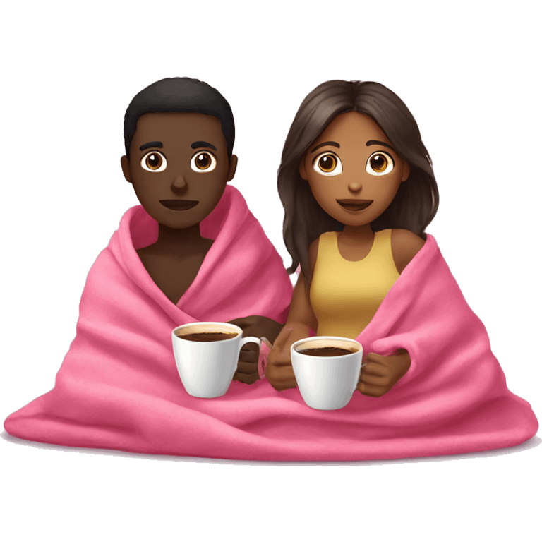 Brown SKIN GIRL AND dark SKIN BOY inside a pink blanket sipping coffee emoji