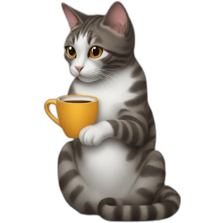 cat working on a large computer holding a coffee cup emoji