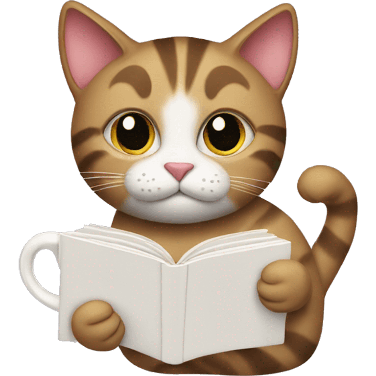 cat holding a cup of coffee and reading a book emoji