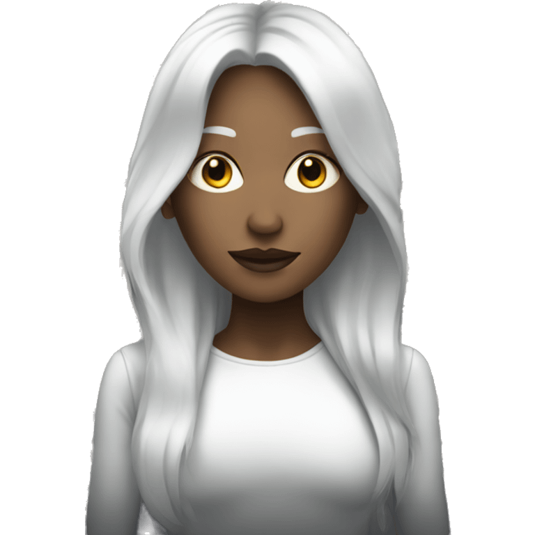 White woman with black long hair that also has one streak of grey hair and her face has makeup on  emoji