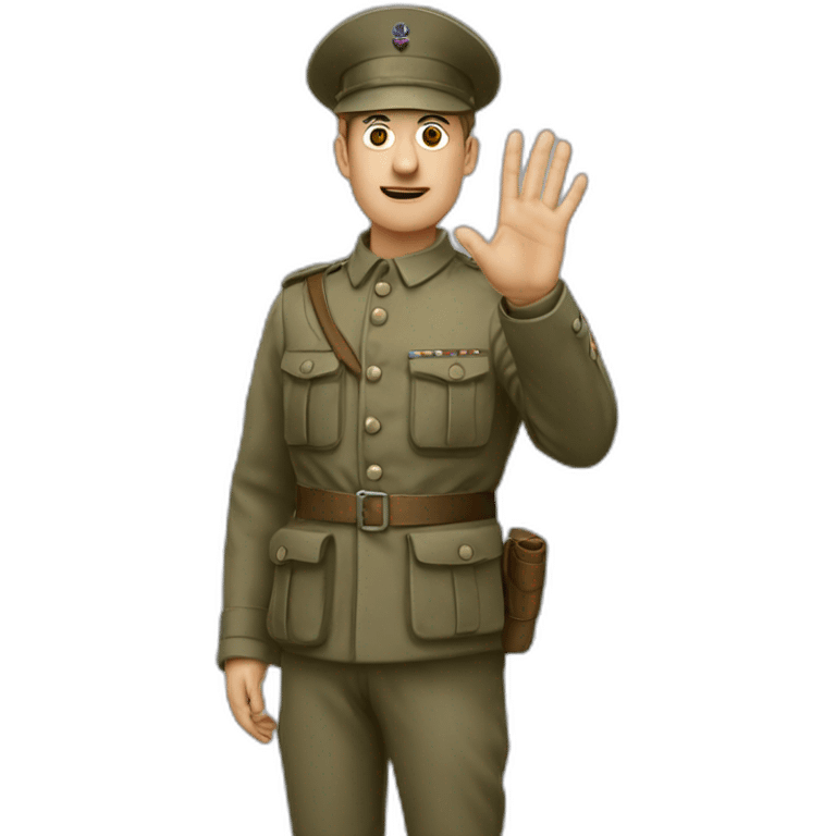 A man in a soldier suit from world war one raising their right hand vertically to around 45 degrees.all of his fingers are pointing forward emoji