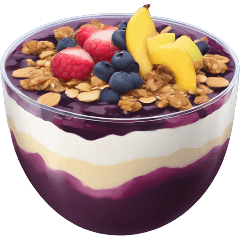 Açaí in a clear cup with layers of fruits and granola and condensed milk emoji