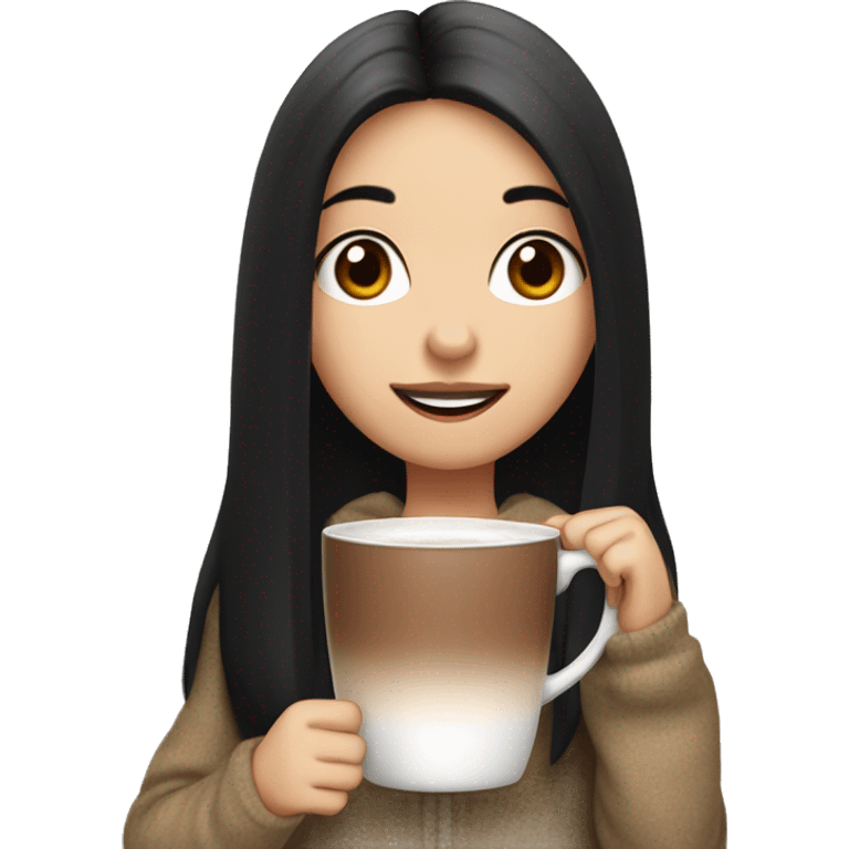 girl with black straight hair drinking hot cocoa, centre part, white face emoji