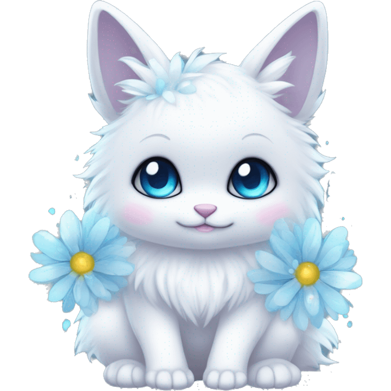 Edgy Cute Cool Kawaii gorgeous sparkly ethereal white fantasy animal creature with blue eyes furry sona with flowers and butterflies beautiful aesthetic emoji