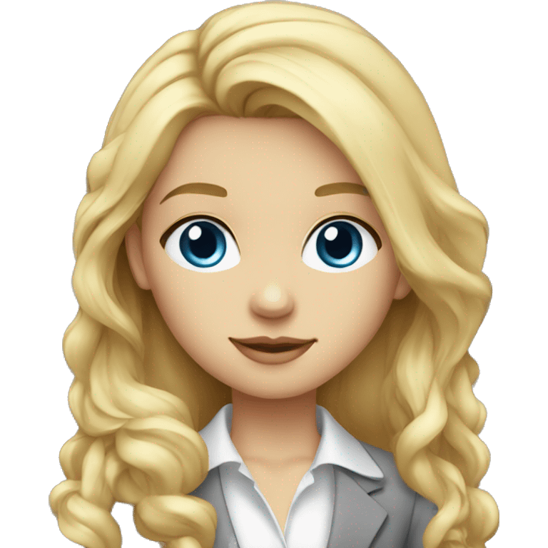  young blonde girl with long hair dressed in suit with gray dress blue eyes and white shirt emoji