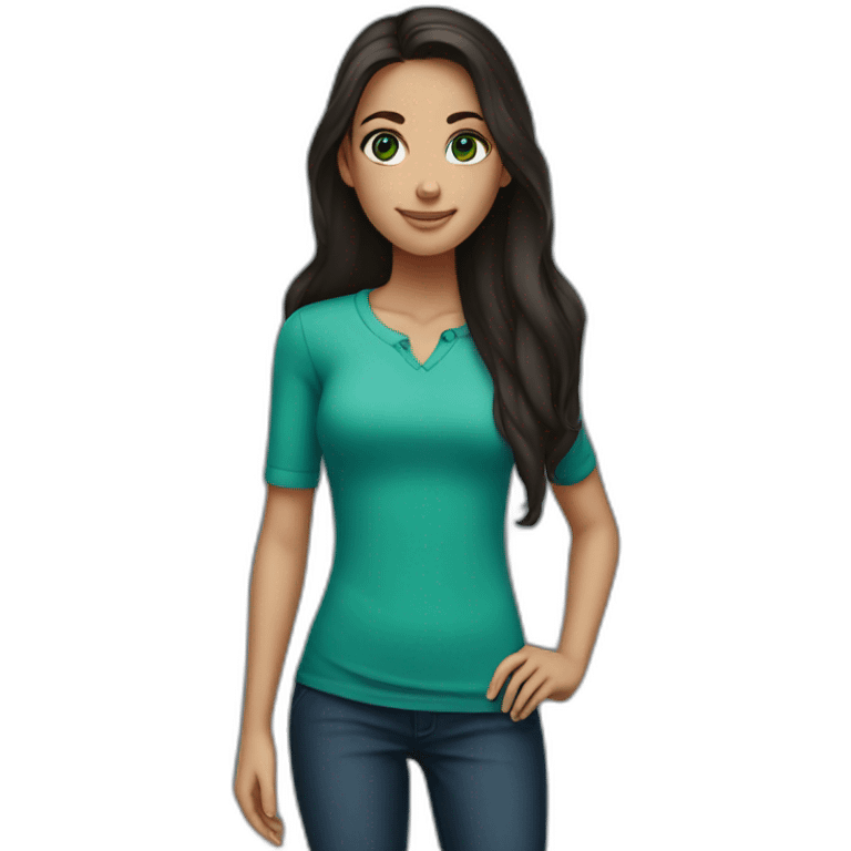 tall girl with dark long hair, green eyes, blue shirt emoji