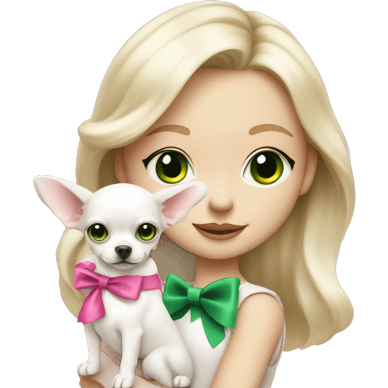 pale blond girl with wavy long platinum hair with green eyes holding a white chihuahua puppy that wearing a pink bow emoji