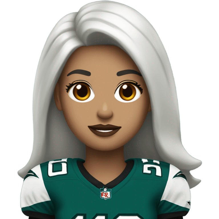 White female long dark hair red lips wearing Philadelphia Eagles jersey emoji