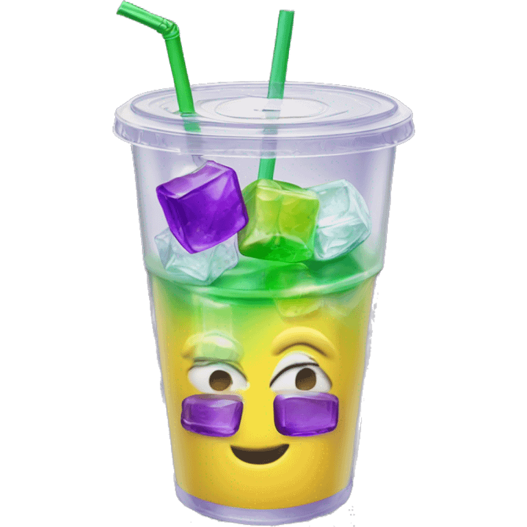 Realistic see through plastic cup and lid with half full Transluscent yellow, green ,purple soda,straw and large ice cubes inside. emoji