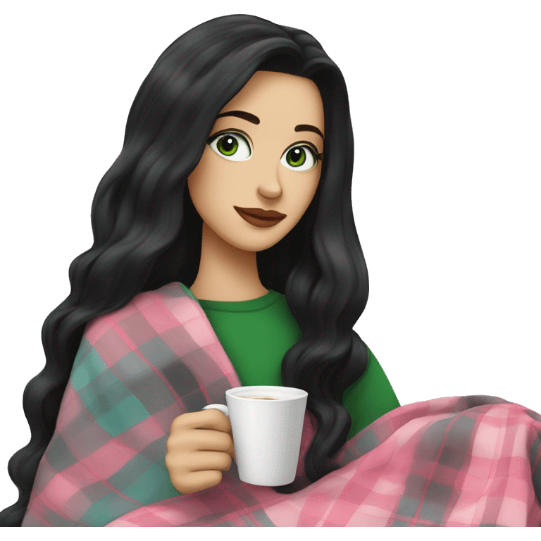 A pretty white woman with long black hair and green eyes wrapped in pastel pink plaid blanket drinking coffee emoji