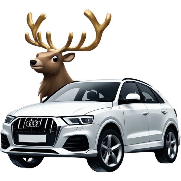 A sleek white Audi Q3 with shiny rims and modern headlights, parked in a snowy setting with a reindeer standing beside it, wearing a red collar with golden bells. emoji