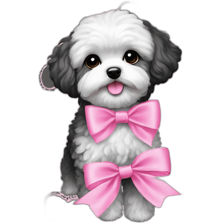 Maltipoo, black and white hair, with pink coquette lace ribbon emoji