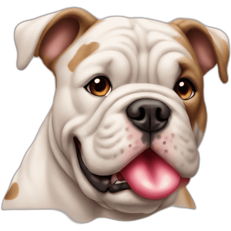 merle beige and white british bulldog with a heart shaped spot on an ear emoji