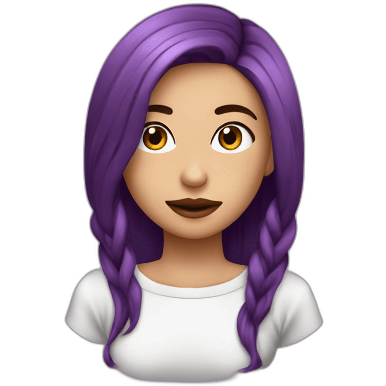 Cara de chica con pelo marrón y muy largo no muy morena con ojos marrones labios carnes camiseta morada clara emoji